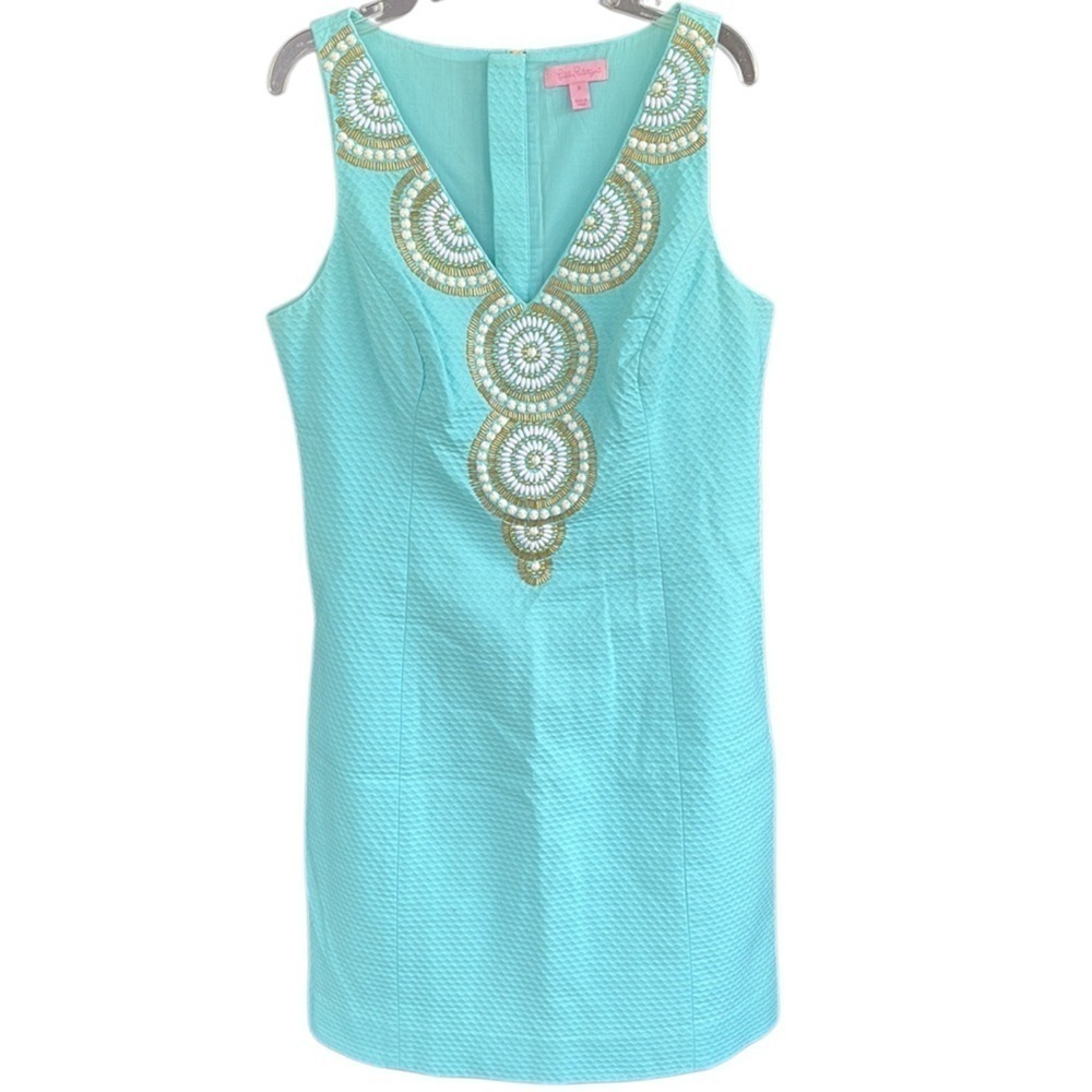 EUC Lilly Pulitzer Valli Beaded Textured Sleeveless Dress Serene Blue Size 6